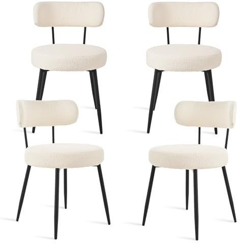Bon Furni Esszimmerstühle 4er Bouclé Teddy Stoff, Creme | Moderne Gepolsterte Küchenstühle ohne Armlehne mit Metallbeinen, Komfortable Polsterstühle für Esszimmer & Küche