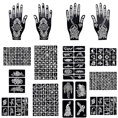 10 Blatt 250+ Stück Tattoo-Schablonen-Set, Glitter Temporäre Tattoos Schablonen Kit, für Frauen Mädchen Teens Face Paint Body Art
