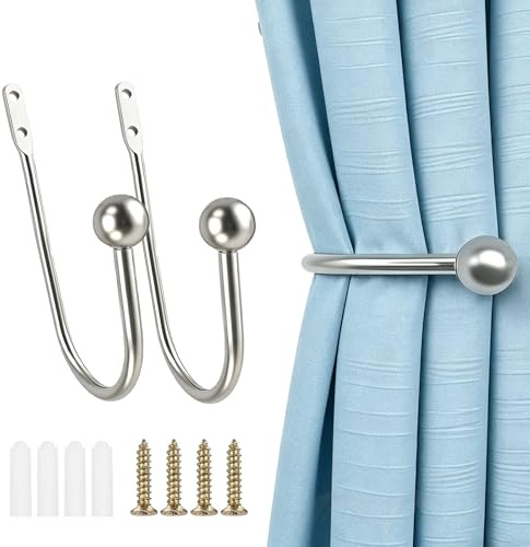 XxinXrong Metal Curtain Holdbacks, 2 Pcs Curtain Drapery Holdbacks, Curtain Tieback Hooks, Wall Mounted Window Curtain Holder Hooks, Drapery Holdbacks for Fixed Curtain or Hanging Items (2Pcs-Silver)