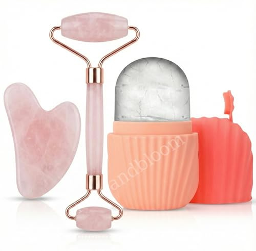 Kit de masaje facial 3 en 1 - Rodillo de cuarzo rosa y obsidiana, Gua Sha y Ice Roller| Rutina brillante, antibolsillos y drenaje linfático. Estuche de crioterapia facial y elevación natural (rosa)