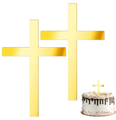 Lot de 2 décorations de gâteau de baptême en acrylique doré - Décoration de gâteau de baptême - Croix pour gâteau de baptême