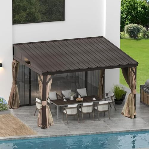 Domi 2,97 × 3,66 m Anbaupavillon, wandmontierter Pavillon mit festem Dach, verzinktes Stahldach mit Regenrinnen, inkl. Vorhänge und Moskitonetze, Metall-Überdachung für Terrasse & Garten