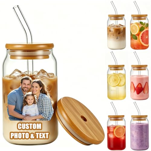Personalisiertes Glas mit Deckel und Strohhalm, Personalisierte Gläser mit Foto Text, Glasbecher Trinkglas mit Strohhalm und Deckel, Ideal für Kaffee Bier Fruchtsäfte, Personalisierte Geschenke, 450ml