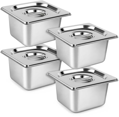 Buudreza Panerskålsset 4 delar, GN 1/6 behållare, 17,6 x 16,2 x 10 cm stekpanna för kotletter, gastronormbehållare rostfritt stål med lock, kavlar kött fisk glass