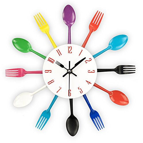 Timelike Edelstahl Küchenutensilien Uhr - Küche Besteck Wanduhr mit getönten Gabeln, Löffel, Spatel Design Küchenuhr mit für Küche Déco Indoor und Outdoor