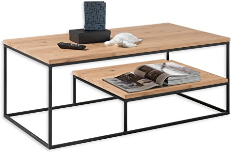 THORE 2 Couchtisch Massivholz Eiche, Ablageboden, 110 x 42 x 60 cm (B/H/T) | Tischplatte aus Massivholz, 20 mm stark, 2 Ablageflächen, schwarzes Metallgestell, für Wohnzimmer, Industrial Style, Design