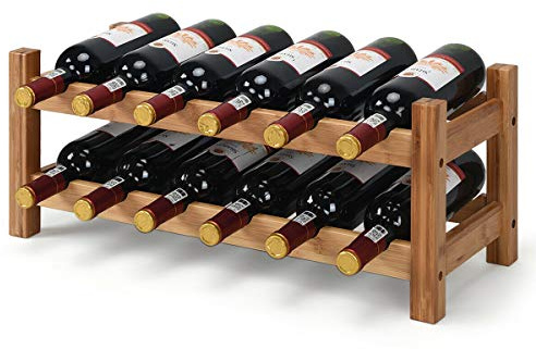 COSTWAY Wine Rack, Bamboo 12 Bottles 2-Tier Wine Display Rack for Countertop Home Kitchen Pantry, Free Standing Wine Storage, Rack Tabletop Wine Rack (Nature)