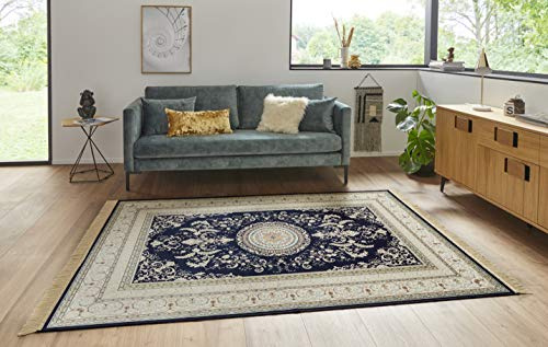 Nouristan Naveh Orient Teppich – Wohnzimmerteppich Orientalisch Kurzflor mit Fransen Vintage Orientalischer Samt-Teppich für Esszimmer, Wohnzimmer, Schlafzimmer – Dunkelblau, 95x140cm