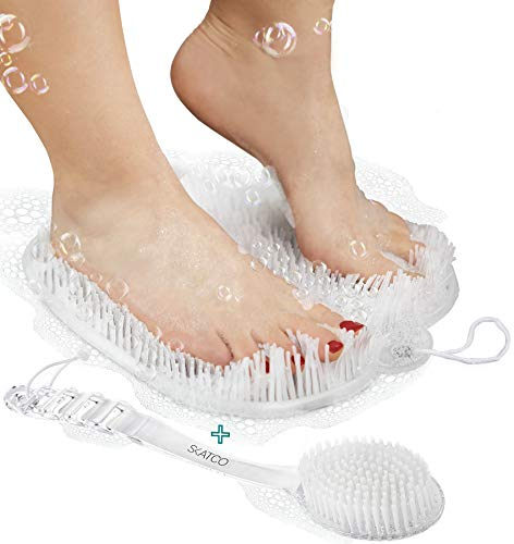 SKATCO Foot Scrubber for Shower and Body Brush Set. Comfortable to Stand Shower Feet Scrubber No Plastic Smell - Wet and Dry Brush Body Massager. Skin Care and Foot Care Shower Accessories - Clear