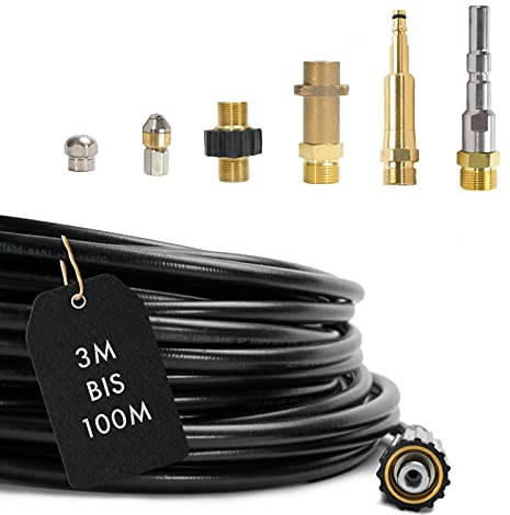 Rohrreinigungsschlauch (7-Teilig) PROFESSIONAL für Kärcher Kränzle NILFISK ALTO WAP HD HDS Anschluss 1/8 AG : M22 x 1,5 IG & Bajonett-Adapter & Adapter KEW & 2x Düsen & Quick Connect (9 Meter)