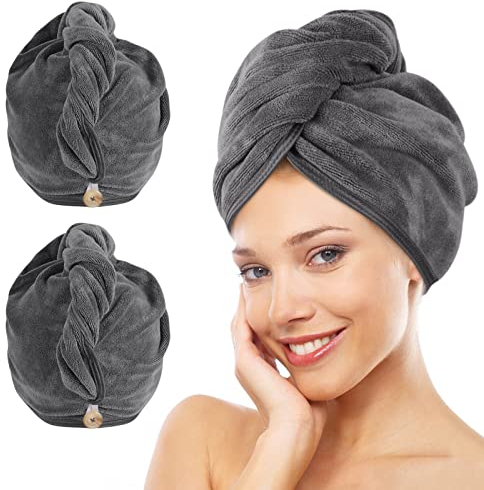 KinHwa Microfibre Hair Towels Wrap Super Absorbent 30x70cm Large Dry Hair Turban for Women Wet Long Thick Hair 2 Pack Darkgrey