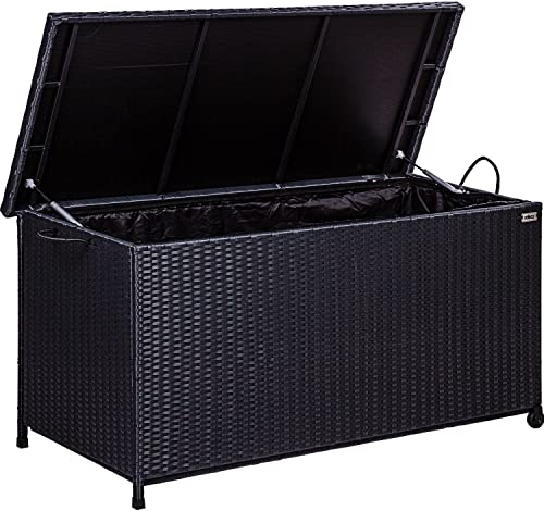 STILISTA® Polyrattan Auflagenbox 122 x 62 x 56 cm Deckel mit Hubautomatik, Innenplane, Räder und Tragegriffe, 4 Farben, Farbauswahl: Schwarz