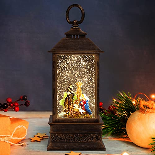 Belle Vous Weihnachtslaterne mit Schneegestöber - Schneekugel Lampe LED Szenerie Weihnachten 25 x 9 cm - Beleuchtete Schneekugel mit Wasser & Glitzer in Bronze als Weihnachtsdeko Tischdeko, Geschenk