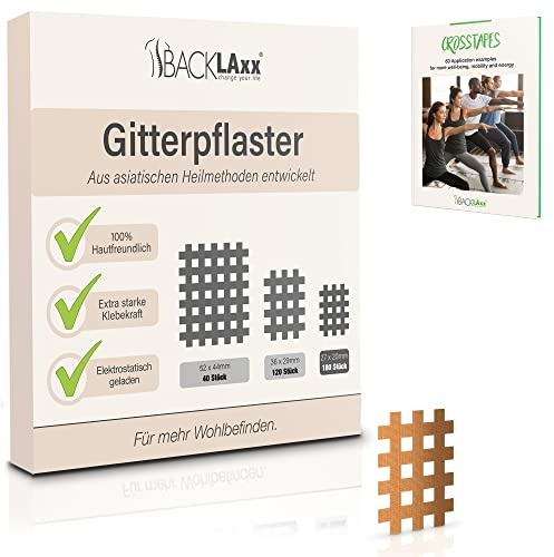BACKLAXX® Gitterpflaster Set 180 Stk, Gittertape Akupunkturpflaster Typ c | 180 Crosstapes in der Größe a in beige, Cross Tape hautfreundlich & wasserabweisend, hält 7 Tage, eBook mit 60 Anwendungen