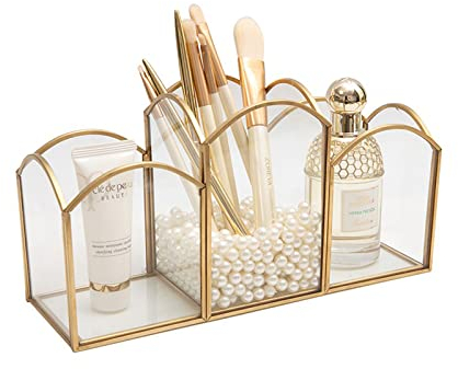 SLHEQING Porta-pennelli per trucco, colore oro, vintage, con 3 scomparti, in vetro