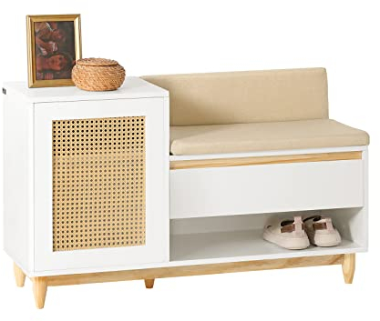 SoBuy Schuhbank mit Gitteroptik Sitzbank mit Stauraum Dielenbank Schuhtruhe Sitzkommode für Kinder Schuhregal schmal Weiß-Natur 100x60x35cm FSR128-W