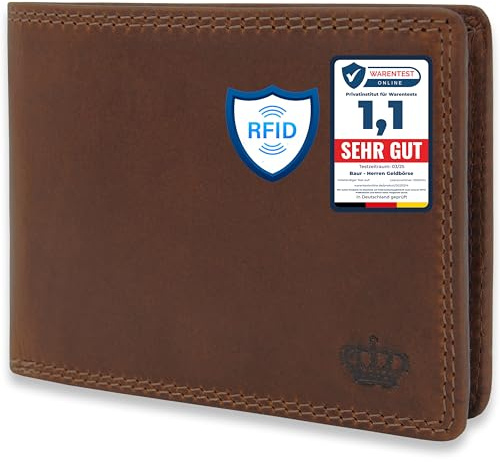 Baur Herren Geldbörse – Echtes Leder mit RFID-Schutz – Klassisches Vollleder-Portemonnaie im Querformat mit 6 Kartenfächern und Münzfach (Querformat Standard, Dunkel Braun)