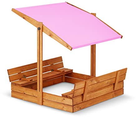 Premium Imprägniert Sandkasten mit Dach mit Sonnenschutz mit UV-Schutz Sandbox mit Abdeckung mit Sitzbänken mit Deckel mit Plane Sandkiste Sandkastenvlies Holz Rosa
