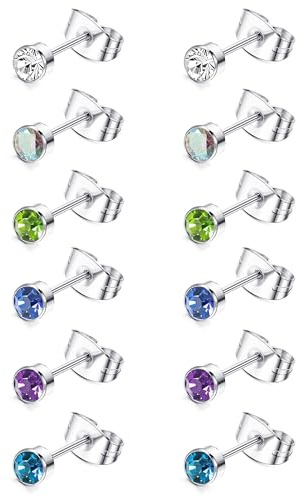 JeweBella 6 Pairs G23 Titan Ohrringe Damen Medizinische Ohrstecker Kleine | Hypoallergen Gesundheitsstecker Ohrringe Set, Titan Ohrstecker Silber für Herren Mädchen Kinder, Mehrere Farben Stein, 4MM