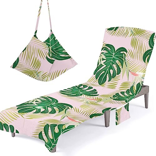 Surwin Toalla de playa para tumbonas, Fundas para Tumbonas con Bolsillos Laterales Hoja de banana Cubierta para Silla de Piscina para Verano Tumbona de Jardín Exteriores (75x210cm,Hoja de palma)