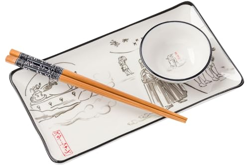 Silver Buffalo Star Wars Aquarell Japanische Kunst mit Jabba the Hutt, Darth Vader, Stormtroopers Keramik-Sushi-Set mit Dip-Soßenschale und passenden Essstäbchen