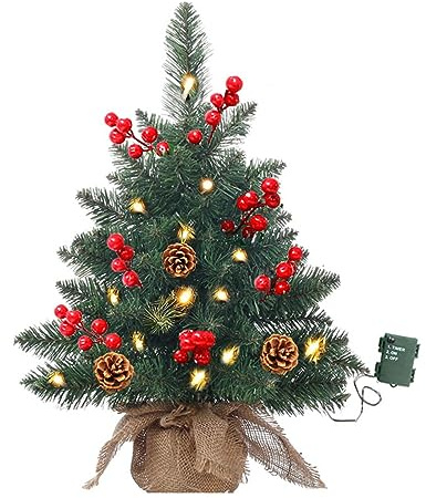 Mini Weihnachtsbaum mit LED-Lichterkette Künstlicher Tisch-Weihnachtsbaum mit Tannenzapfen und roten Beeren, Kleiner Weihnachtsbaum für Home Office Bar Esstisch Dekorationen (A)