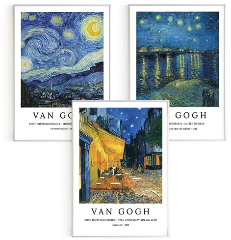 Bilder-Set: 3 x DIN A4 (21x30) Premium Posterpapier - Vincent van Gogh, Die Sternennacht; Nachtcafé; Sternennacht über die Rhône, Kunstdruck ohne Rahmen, Wandbild, Bilderwand - A4, A3, A2, A1, A0, ..