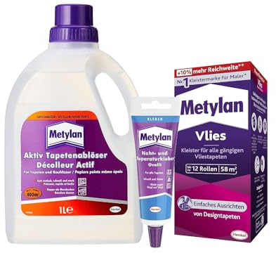 Metylan Vlies, Tapetenkleister für Vliestapeten (1x360g) & Metylan Naht- und Reparaturkleber (1x60g) & Metylan Tapetenablöser Aktiv-Konzentrat, löst problemlos (1x 1l)
