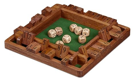 Relaxdays Shut The Box Spiel, 10er, 2 bis 4 Spieler, Holz, Klappenspiel für Kinder & Erwachsene, Würfelspiel, braun/grün