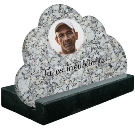 Funelior - plaque mortuaire personnalisable-Forme Nuage - Thème : marbre granit- dimensions (20x15cm) - altuglas - fabrication française- support granit noir inclus