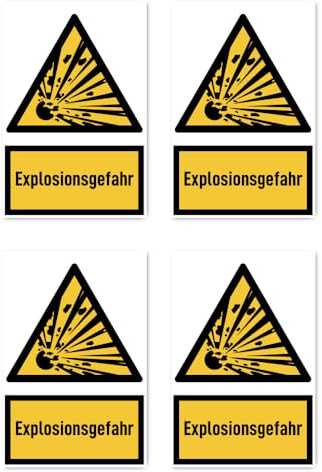 Aufkleber: 150x100 mm, 4 Stück - Explosionsgefahr - Warnzeichen mit Text (deutsch) (gelb/schwarz) - hochkant - W002 - DIN EN ISO 7010 / ASR A1.3