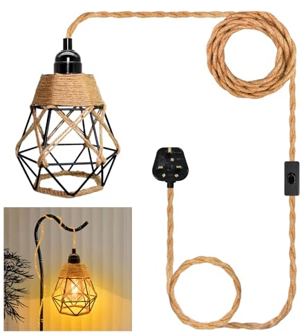 Hemp Rope Plug in Pendant Light Cord Kit, 510 CM Cable E27 Lamp Holder with Switch, Include Metal Cage Lampshade, Plug in Ceiling Light, Rope Light Fitting, Industrial Vintage Hanging Light, No Bulb