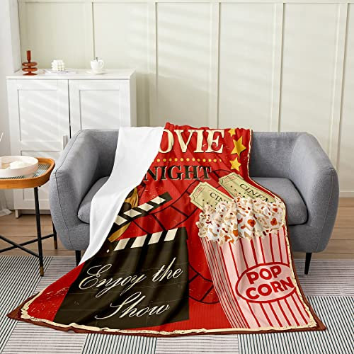 JUZGTSIT Vintage Movie Theater Throw Blanket for Kids Boys Girls,Grunge Red Cinema Popcorn Fleece Blanket,Movie Night Filmstrip Printed Fuzzy Blanket Twin 60x80,Cinema Ticket Film Flannel Blanket
