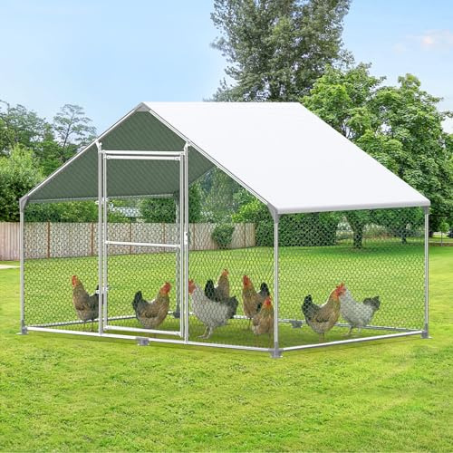 Eldzenith Hühnerstall, 6 m² Lauffläche, Bieten Ihre Geflügel EIN Sicheres & Komfortables Zuhause im Freien, Freilaufgehege mit Sonnendach & PVC Gitter, Tür mit Verriegelung, aus Stahl (2 x 3 x 2 m)