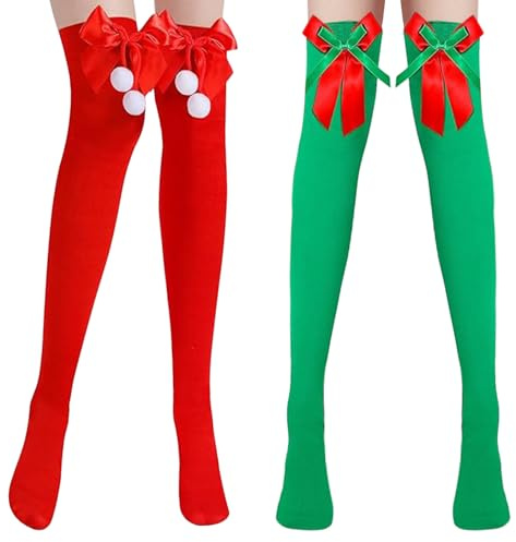 YIZHIXIANGQ Calzini Natalizi Lunghi, 2 Paia Calzini Lunghi per Natale, Verde e Rosso, Calze al Ginocchio con Fiocco, Calzini Alti Natalizi per Donne, Bambina