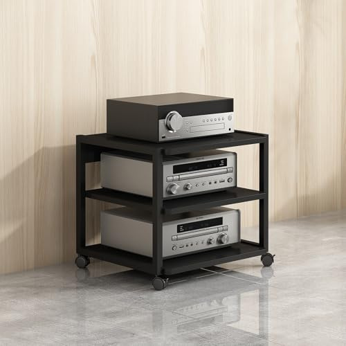 BAYTEWJX Audio AV Tower Media Stand Mobile Multimediale Audio-Video con Ruote Universali Mobile Stereo HiFi Rack Supporto Rack Audio Mobile per Soggiorno Sala Teatro Sala Giochi.(Black,50x40x48.5cm)