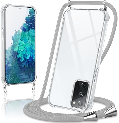 Coiwxmoi Handyband Handyhülle für Samsung Galaxy S20 FE / S20 Lite Hülle mit Band 6,5,Transparent Case mit Kette Abnehmbar zum Umhängen Kordel Schutzhülle,Weich Silikon TPU Stoßfest Cover,Grau