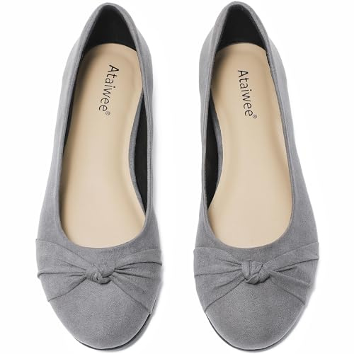 Ataiwee Women's Wide Width Flat Shoes Bow Round Toe Ballet Flats | Slip On Office Business Work Dressy Flats for Women