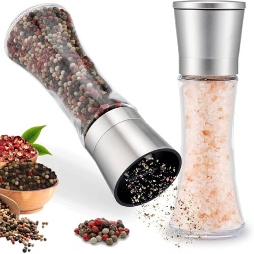 katmerio Juego de 2 molinillos de sal y pimienta, pimienta y sal, molinillo de especias con mecanismo de cerámica ajustable, molinillo de especias de acero inoxidable para especias, pimienta, sal y