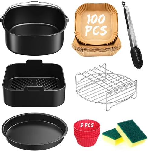 22CM Accesorios Freidora de Aire para COSORI 5,5L/6L/6,2L/6,4L, Cecotec 6L 6,5 L, 8PCS Reutilizable Molde Silicona Freidora de Aire, Air Fryer Accesorios sin aceite, BPA free