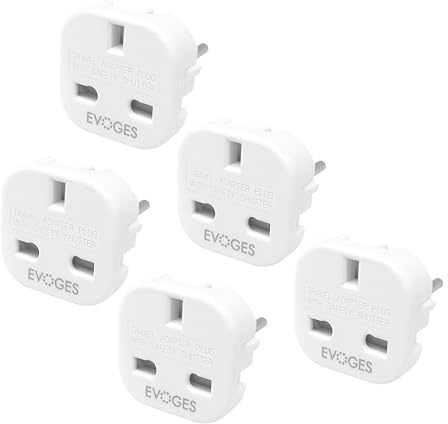 Evoges UK to European EU Travel Adapter 10A Plug Type G (3-Pin) to Type C,E,F, (2-Pin) Travel Europe White (Pack of 5)