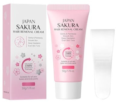 Sakura Hair Removal Cream, Cherry Blossom Depilatory Cream with Scraper for Underarms Body Legs Back Bikini Area, Gentle Formula Long Lasting Smoothness for All Skin Types