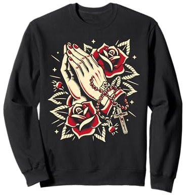 Rosenkranz mit betenden Händen, traditionelles Tattoo-Design Sweatshirt
