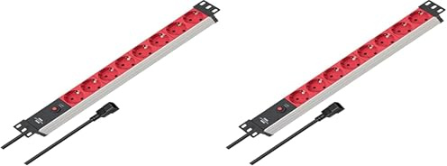 Brennenstuhl Alu-Line Bloc multiprise 8 Prises pour armoires électriques 19 avec disjoncteur Automatique 10 A et câble de 2 m Argenté/Rouge (Lot de 2)