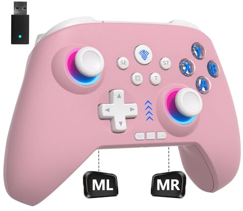 YUYIU Ungrade 2.4G Wireless PC/Switch Controller with RGB Lighting/Programming Keys/Hall Joysticks/Hall Triggers/Vibrations,Three-Mode Switch Controller,Plug and Play PINK