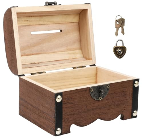 SHINEOFI Holzschatzkiste Mit Schloss Sparbox Und Aufbewahrungsbox Für Münzen Schmuck Oder Kleine Gegenstände Vintage Treasure Storage Box Für Zuhause Büro Und Dekoration 14.50 X 10.00 X 10.00 cm