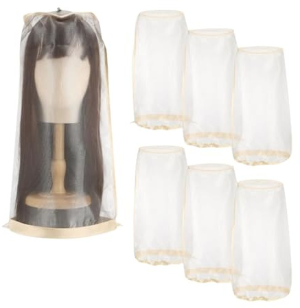 Loyimioo 6 Stück 50cm Großes Perückennetz Transparenter Perückenbeutel mit Satin-kordelzug für Kurz und Lang Haar Atmungsaktiv Staubdicht Reise Organizer Perücken Staubschutz Netz (Beige)