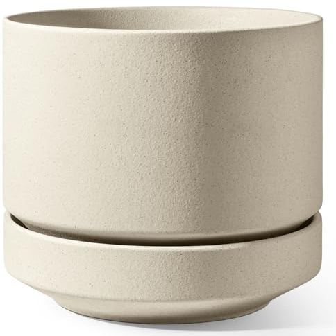 LE TAUCI Maceta de Cerámica Grande 35 cm con Plato - Macetero Grande para Exterior E Interior, con Agujero de Drenaje, Rejilla y Tapón, No Esmaltada y Transpirable - Beige Arena