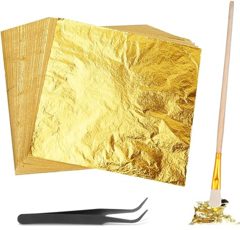 200 Blatt Imitation Blattgold 14x14cm Tortendeko Set Mit Pinzette Bürste | Feines Papier, Tortendeko Für Kuchen Und Gebäck, Bastelarbeiten, Exklusiver Glanz, Pinzette Pinsel Set