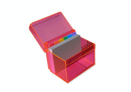 OSCO Medium Neon Acrylic Index Box, A to Z Divider Tabs, 100 Lined Note Cards, Ruled Revision Flash Cards, Recipe Notes, Office Contacts Filing, Desktop Organiser, Holds 6 × 4 Cards (148 × 105 mm)